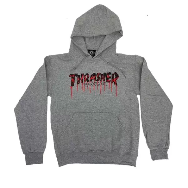 Online Store Thrasher. Blood Drip Hoodie. Grey.** Clearance